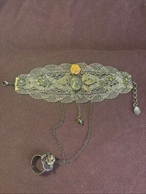 Antique Bronze Floral Filigree Bracelet with Ring Connector
